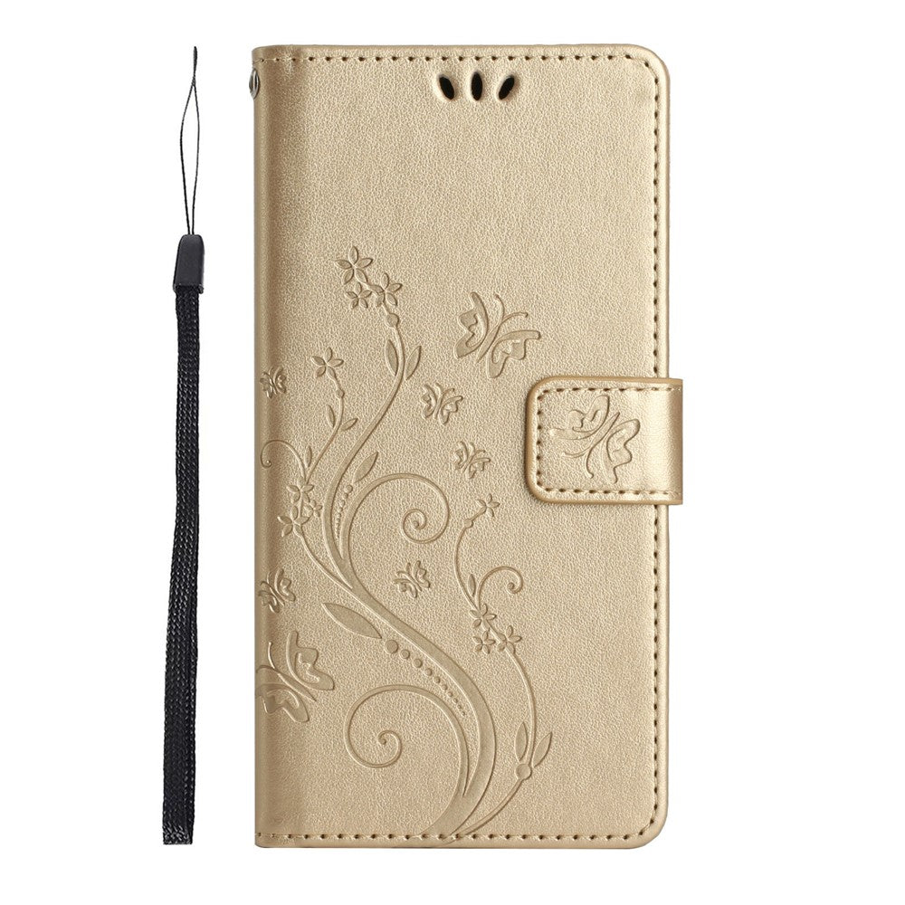 For Xiaomi Redmi Note 15 Pro 4G (Global) Leather Wallet Case Butterfly Flower Imprinted Phone Cover with Strap - Gold