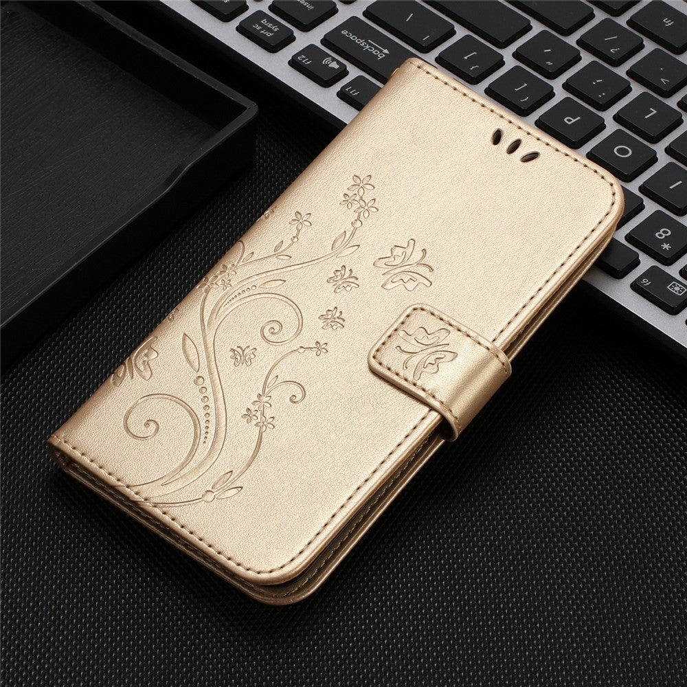 For Xiaomi Redmi Note 15 Pro 4G (Global) Leather Wallet Case Butterfly Flower Imprinted Phone Cover with Strap - Gold
