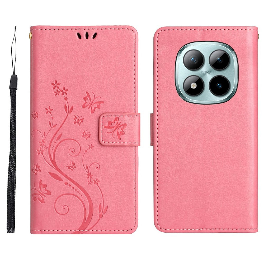 For Xiaomi Redmi Note 15 Pro 4G (Global) Leather Wallet Case Butterfly Flower Imprinted Phone Cover with Strap - Pink