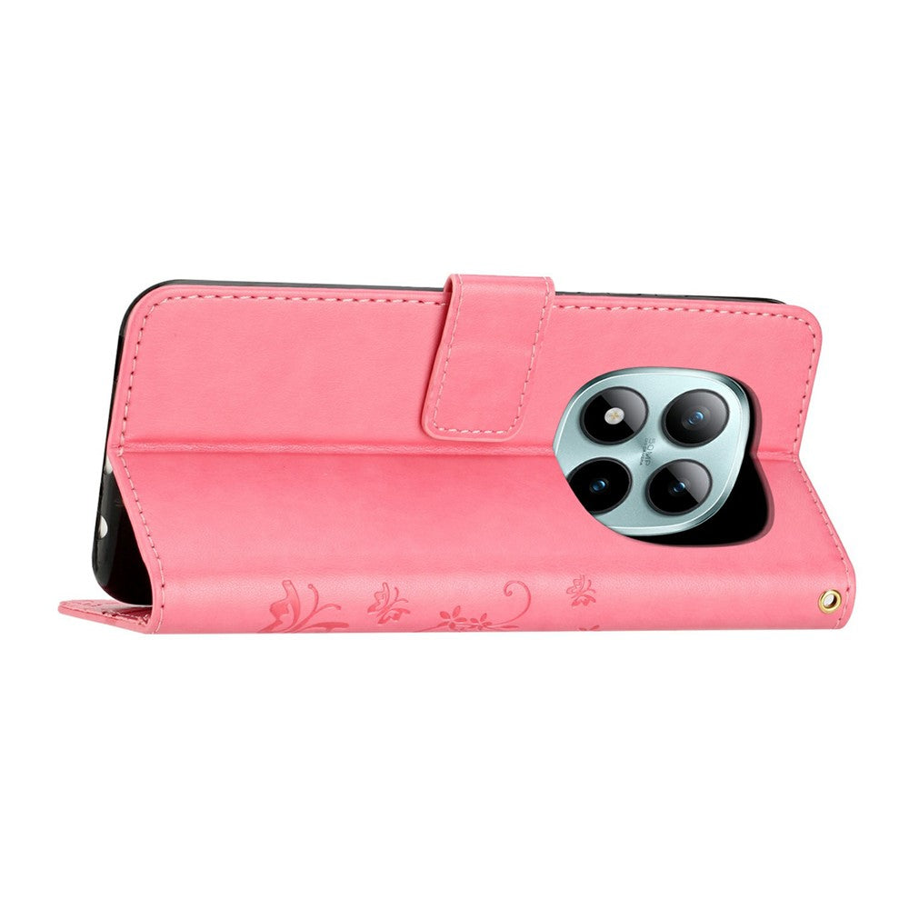 For Xiaomi Redmi Note 15 Pro 4G (Global) Leather Wallet Case Butterfly Flower Imprinted Phone Cover with Strap - Pink