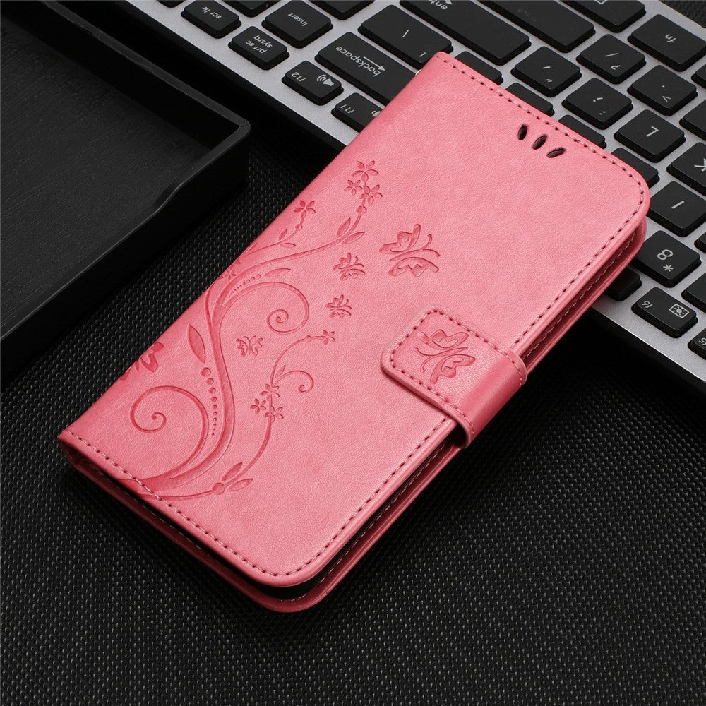 For Xiaomi Redmi Note 15 Pro 4G (Global) Leather Wallet Case Butterfly Flower Imprinted Phone Cover with Strap - Pink