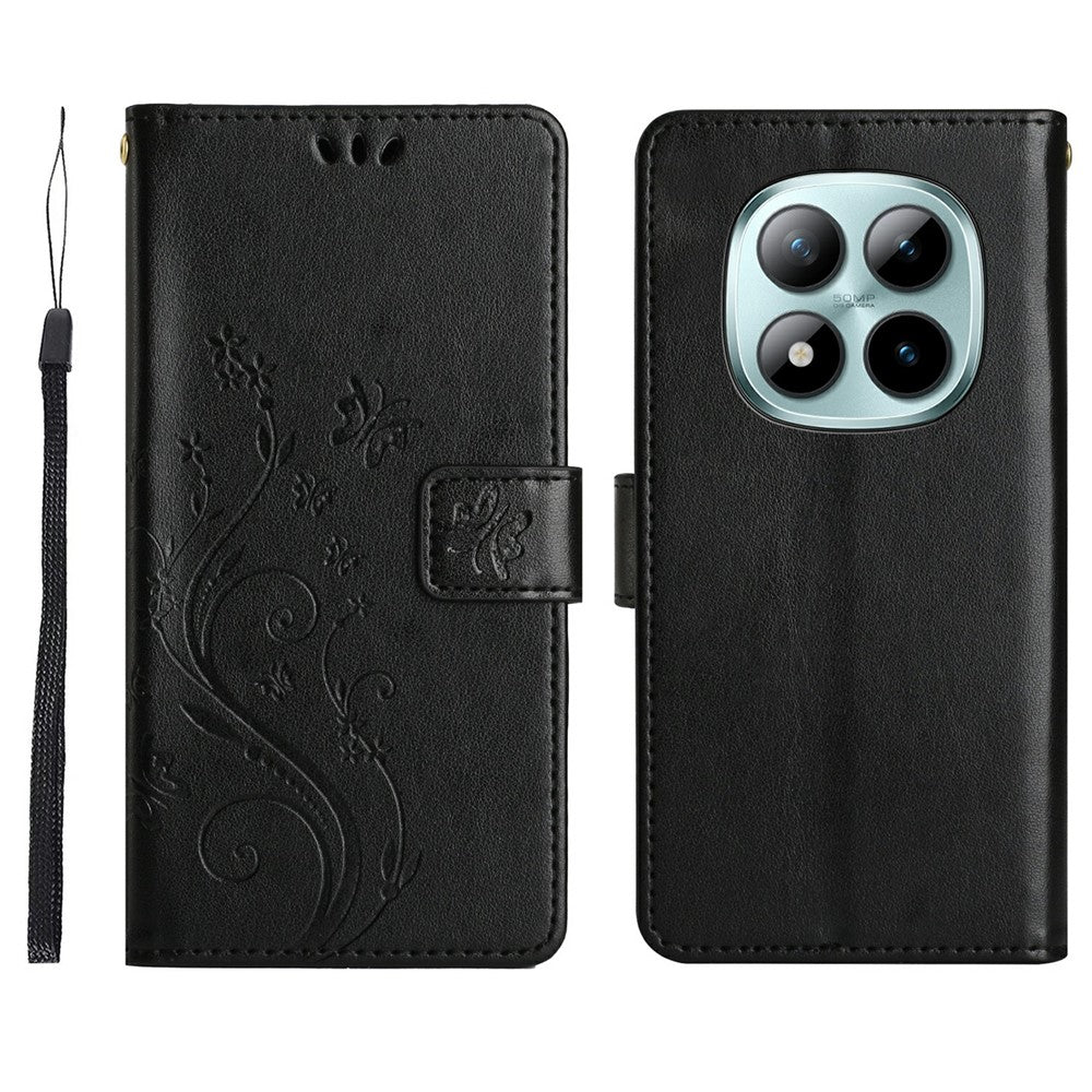 For Xiaomi Redmi Note 15 Pro 4G (Global) Leather Wallet Case Butterfly Flower Imprinted Phone Cover with Strap - Black