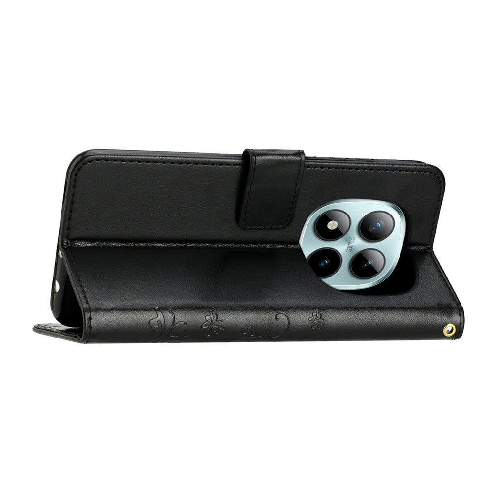 For Xiaomi Redmi Note 15 Pro 4G (Global) Leather Wallet Case Butterfly Flower Imprinted Phone Cover with Strap - Black