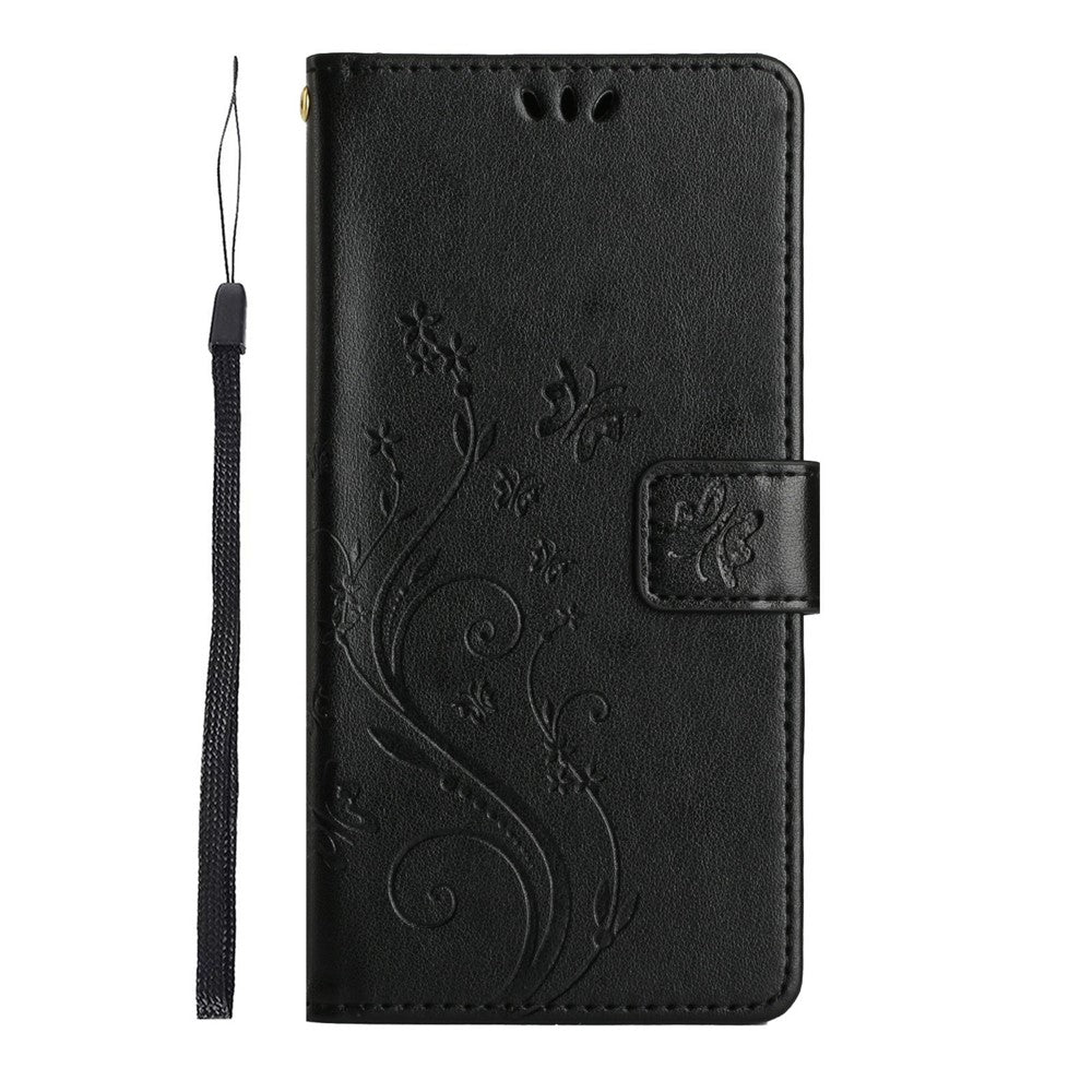 For Xiaomi Redmi Note 15 Pro 4G (Global) Leather Wallet Case Butterfly Flower Imprinted Phone Cover with Strap - Black