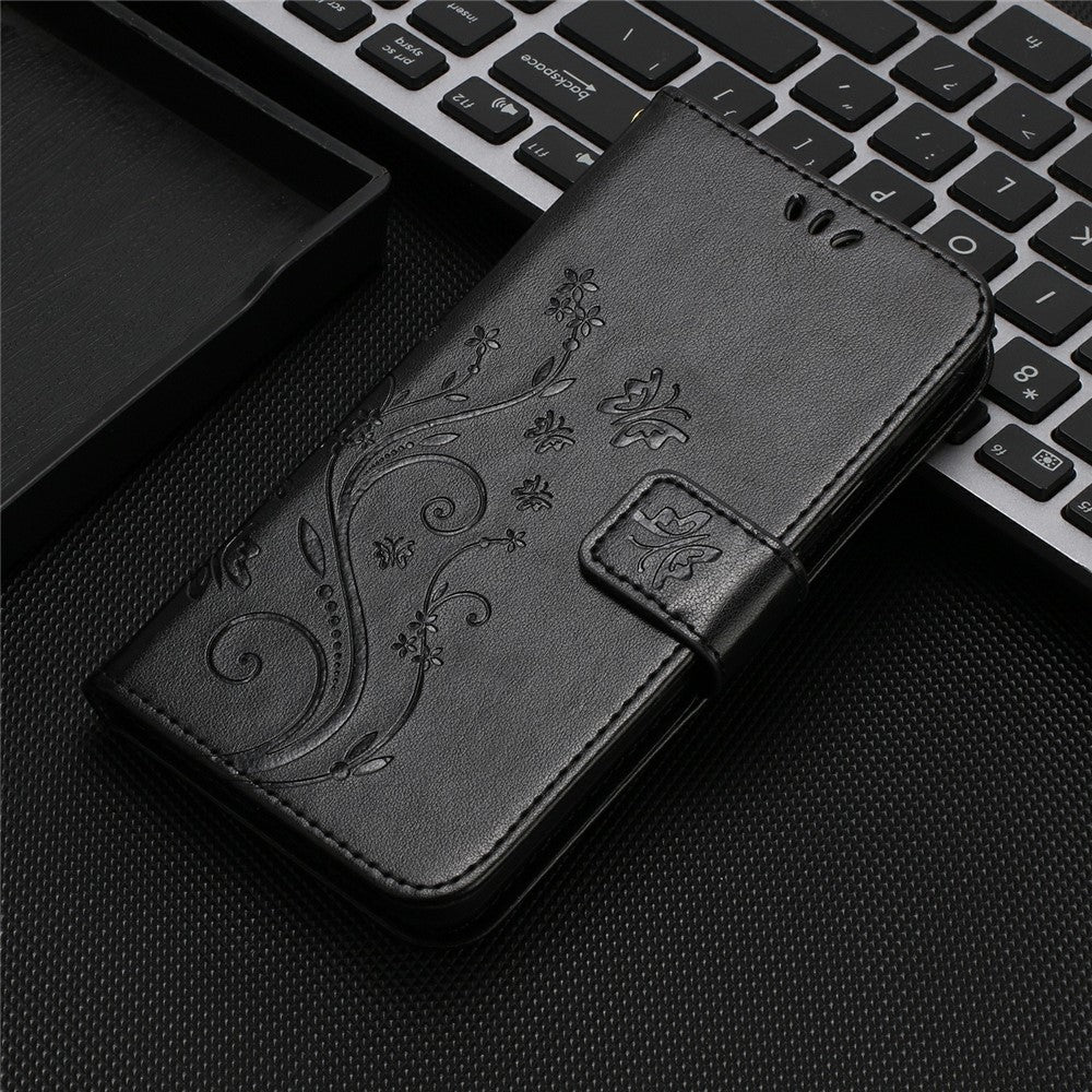 For Xiaomi Redmi Note 15 Pro 4G (Global) Leather Wallet Case Butterfly Flower Imprinted Phone Cover with Strap - Black