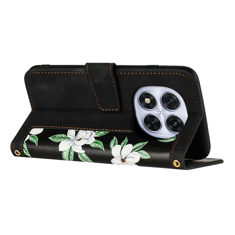 For Xiaomi Redmi Note 15 Pro 4G (Global) Case PU Leather Floral Phone Cover with Card Slots - Black