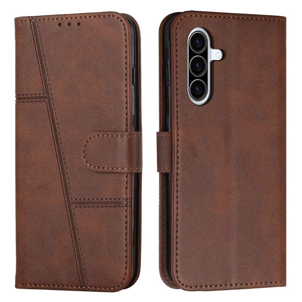 Leather Phone Case For Samsung Galaxy A57 5G Foldable Stand Wallet Flip Cover with Strap - Brown