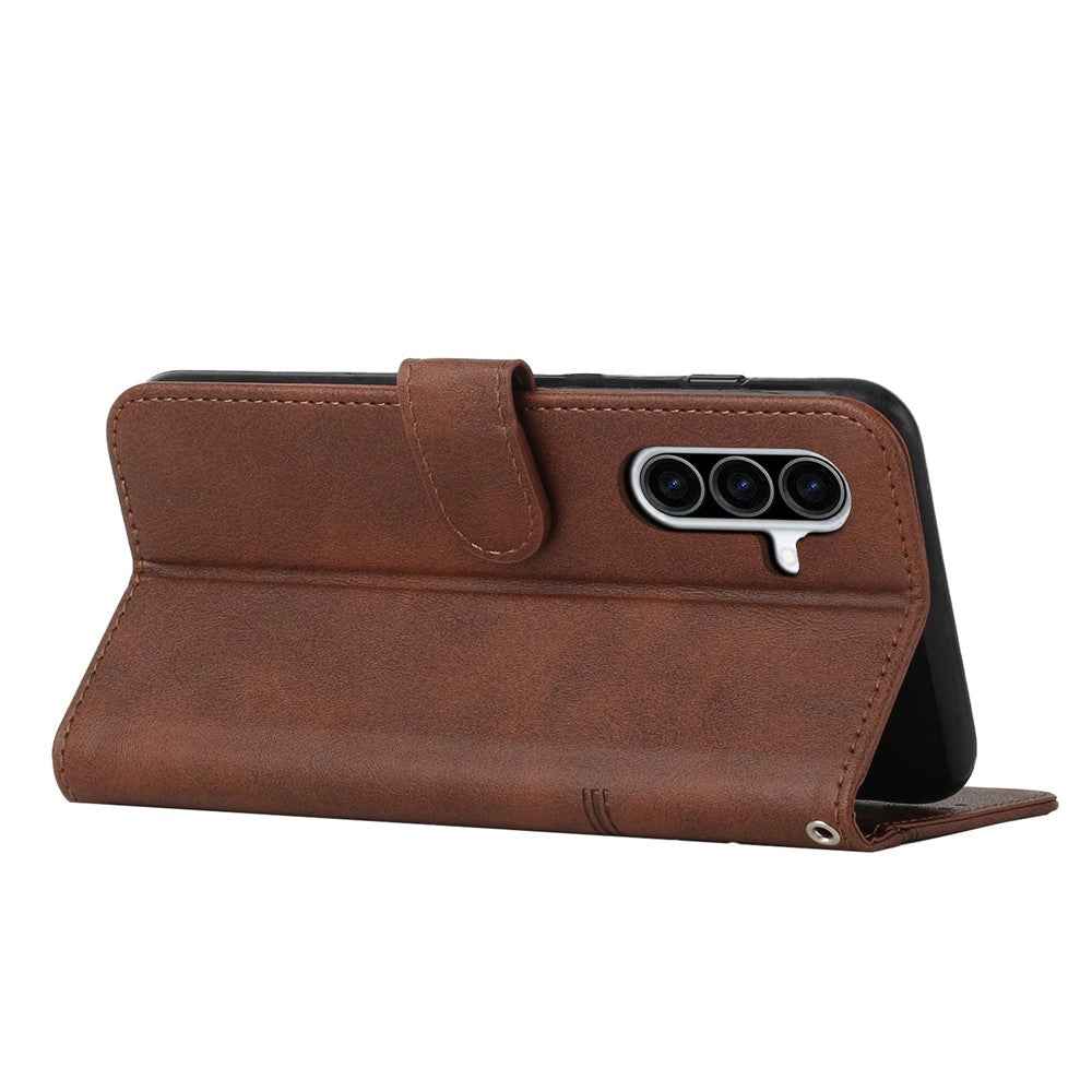 Leather Phone Case For Samsung Galaxy A57 5G Foldable Stand Wallet Flip Cover with Strap - Brown