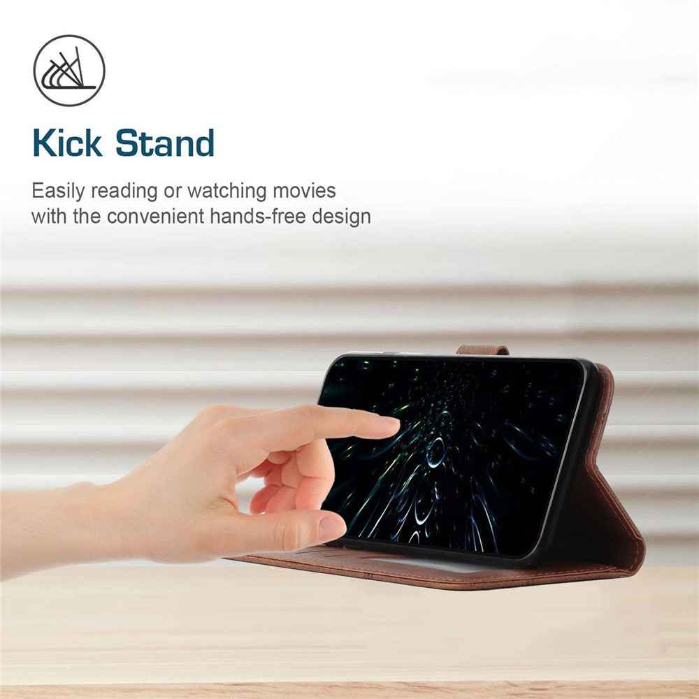 Leather Phone Case For Samsung Galaxy A57 5G Foldable Stand Wallet Flip Cover with Strap - Brown
