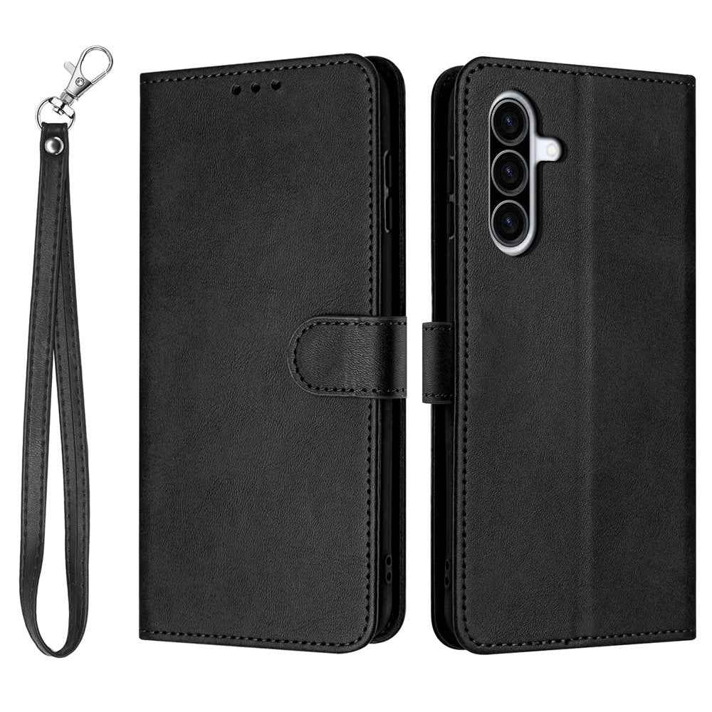 For Samsung Galaxy A57 5G Wallet Case Flip Stand Calf Texture PU Leather Phone Cover with Strap - Black