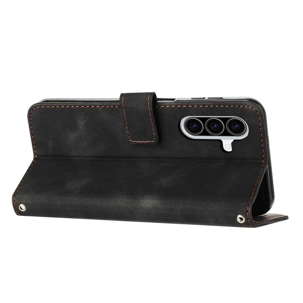 For Samsung Galaxy A57 5G Leather Case Imprinted Triangle Phone Cover with Hand Strap - Black