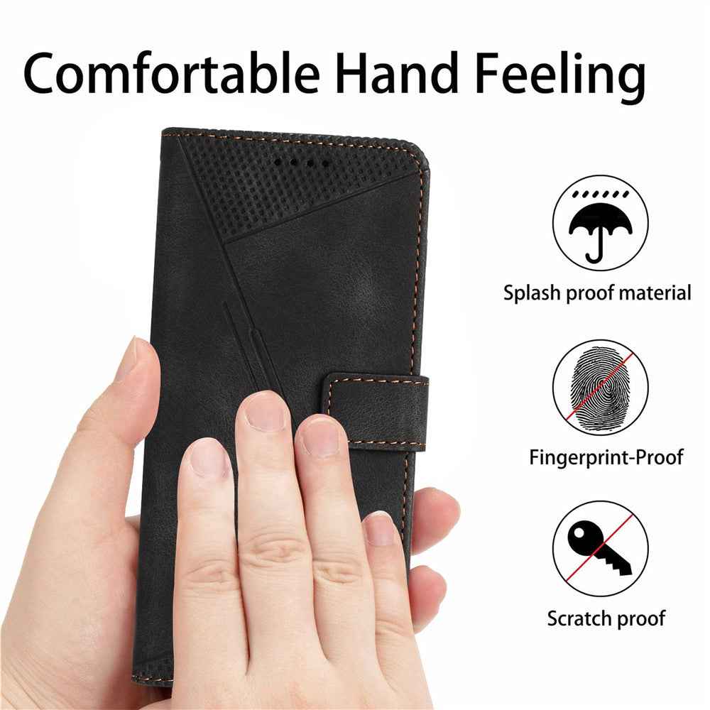 For Samsung Galaxy A57 5G Leather Case Imprinted Triangle Phone Cover with Hand Strap - Black