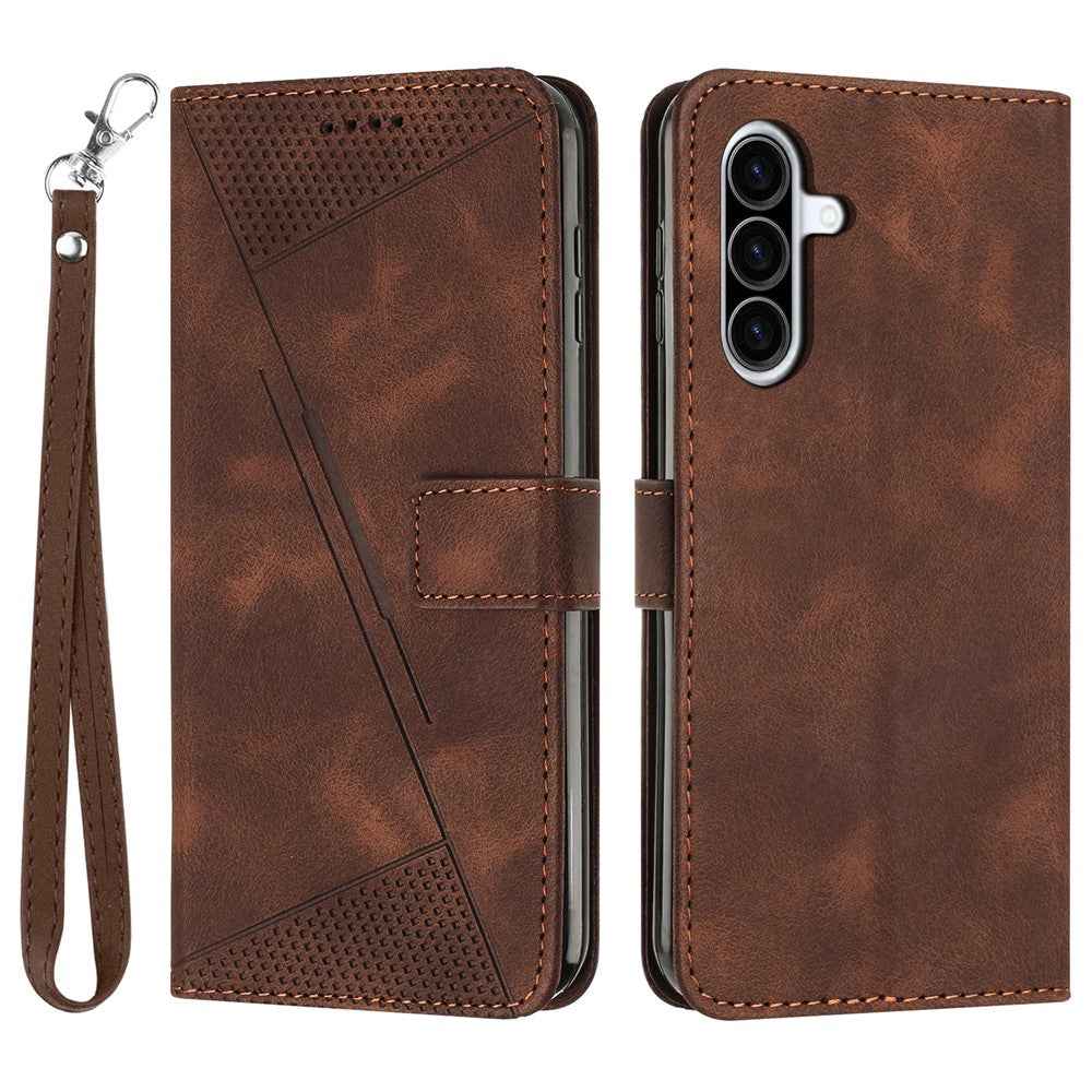 For Samsung Galaxy A57 5G Leather Case Imprinted Triangle Phone Cover with Hand Strap - Brown