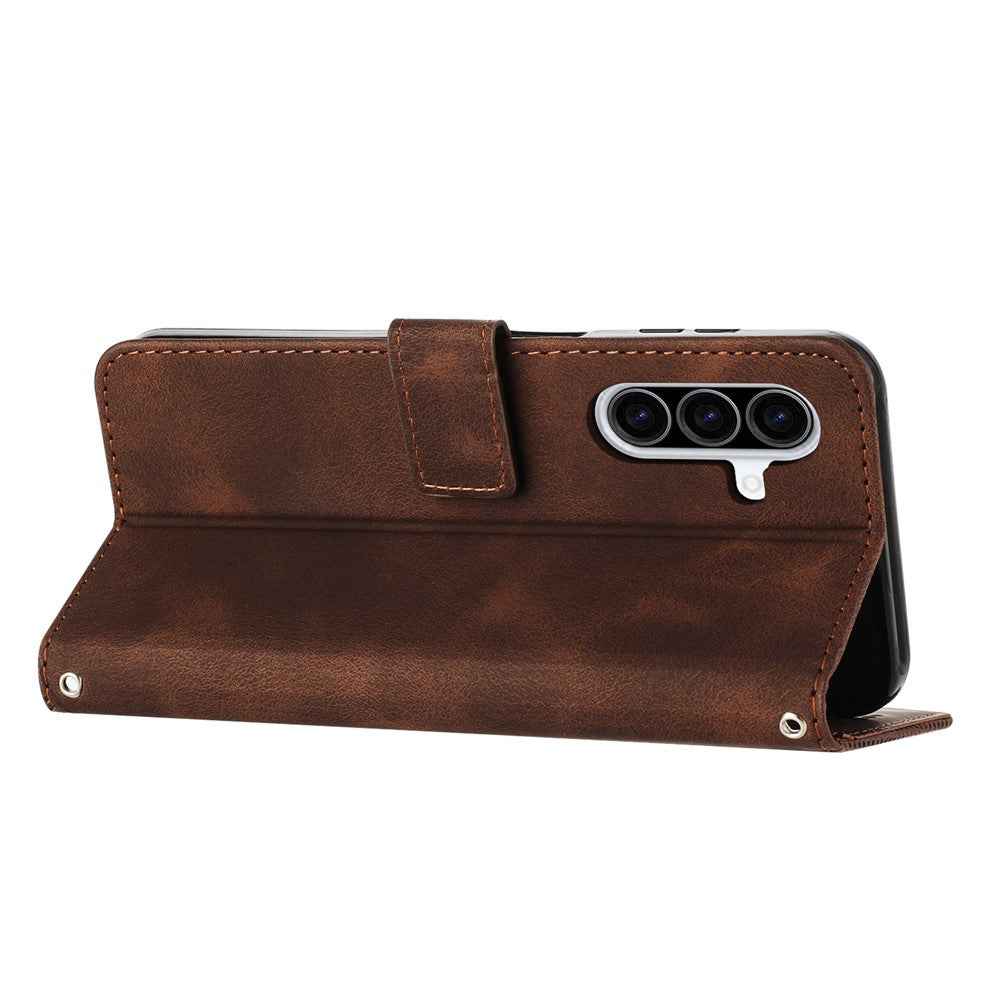 For Samsung Galaxy A57 5G Leather Case Imprinted Triangle Phone Cover with Hand Strap - Brown