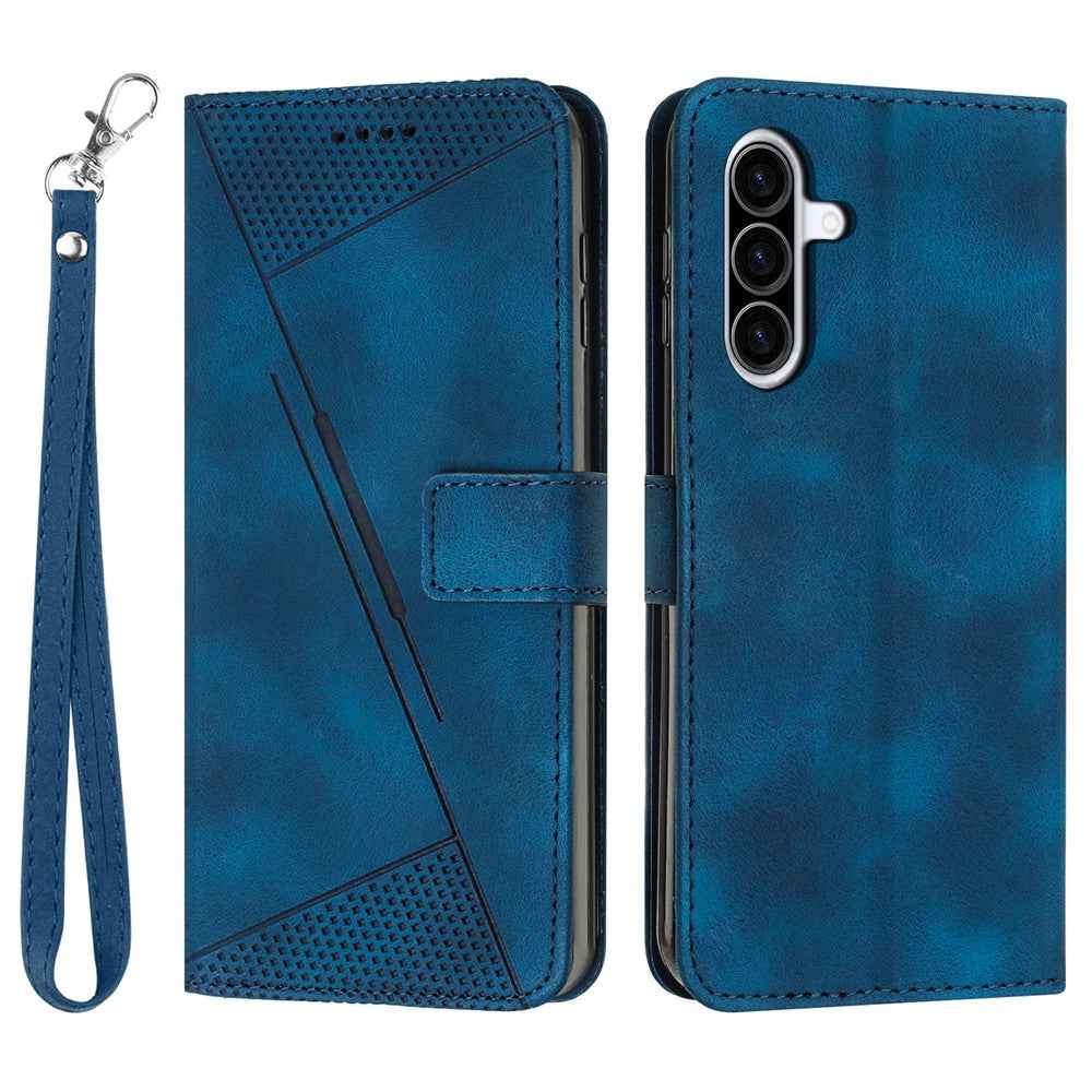 For Samsung Galaxy A57 5G Leather Case Imprinted Triangle Phone Cover with Hand Strap - Blue