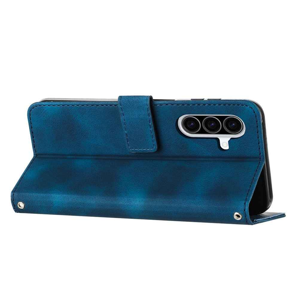 For Samsung Galaxy A57 5G Leather Case Imprinted Triangle Phone Cover with Hand Strap - Blue