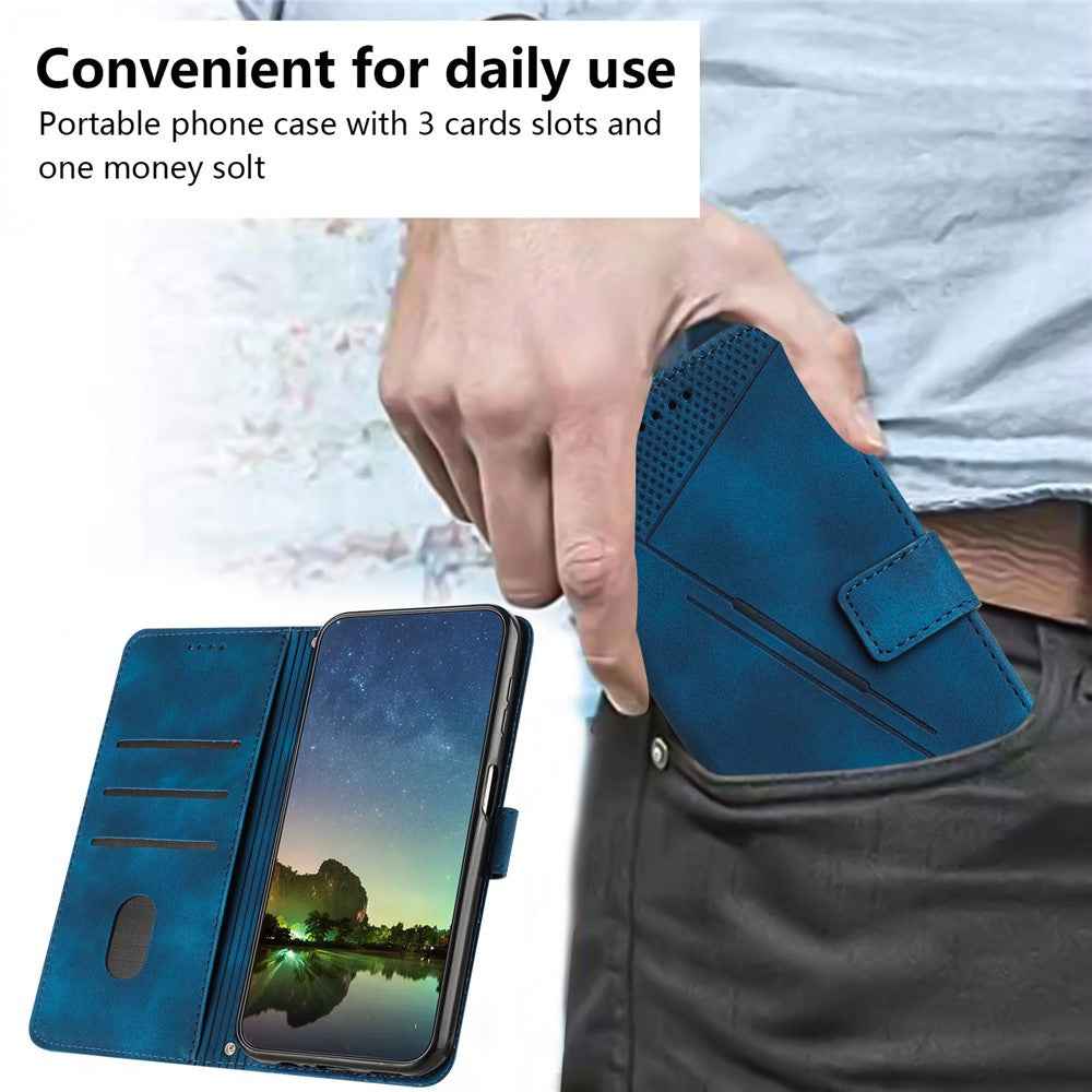 For Samsung Galaxy A57 5G Leather Case Imprinted Triangle Phone Cover with Hand Strap - Blue