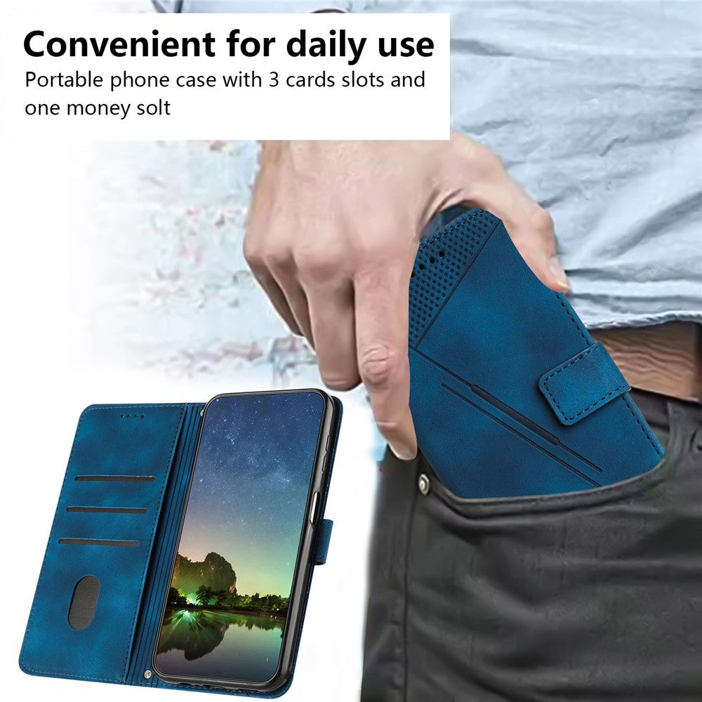 For Motorola Edge 70 5G Leather Case Imprinted Triangle Phone Cover with Hand Strap - Blue