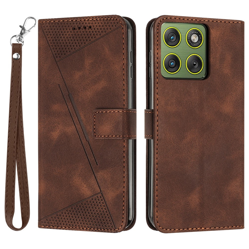 For Motorola Edge 70 5G Leather Case Imprinted Triangle Phone Cover with Hand Strap - Brown