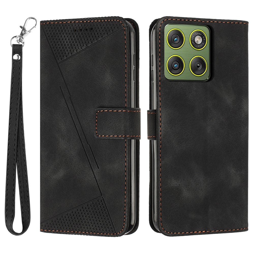For Motorola Edge 70 5G Leather Case Imprinted Triangle Phone Cover with Hand Strap - Black