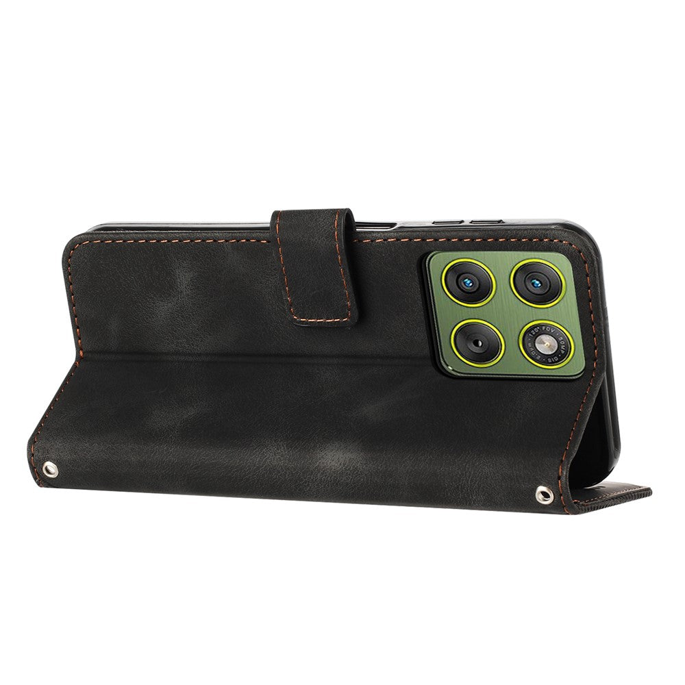 For Motorola Edge 70 5G Leather Case Imprinted Triangle Phone Cover with Hand Strap - Black