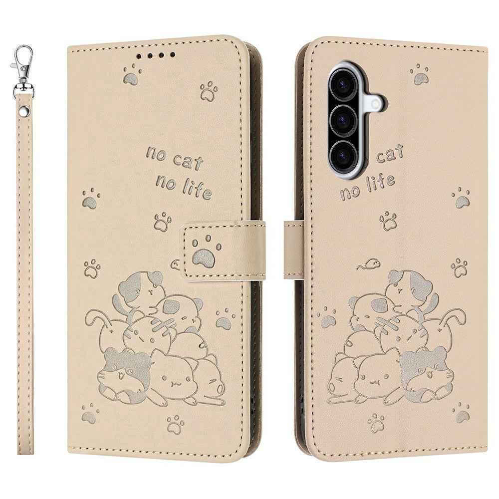 For Samsung Galaxy A57 5G Wallet Case Cats Imprint Leather Phone Cover with Strap - Beige