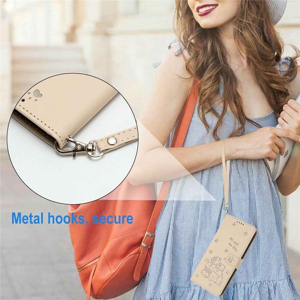 For Samsung Galaxy A57 5G Wallet Case Cats Imprint Leather Phone Cover with Strap - Beige
