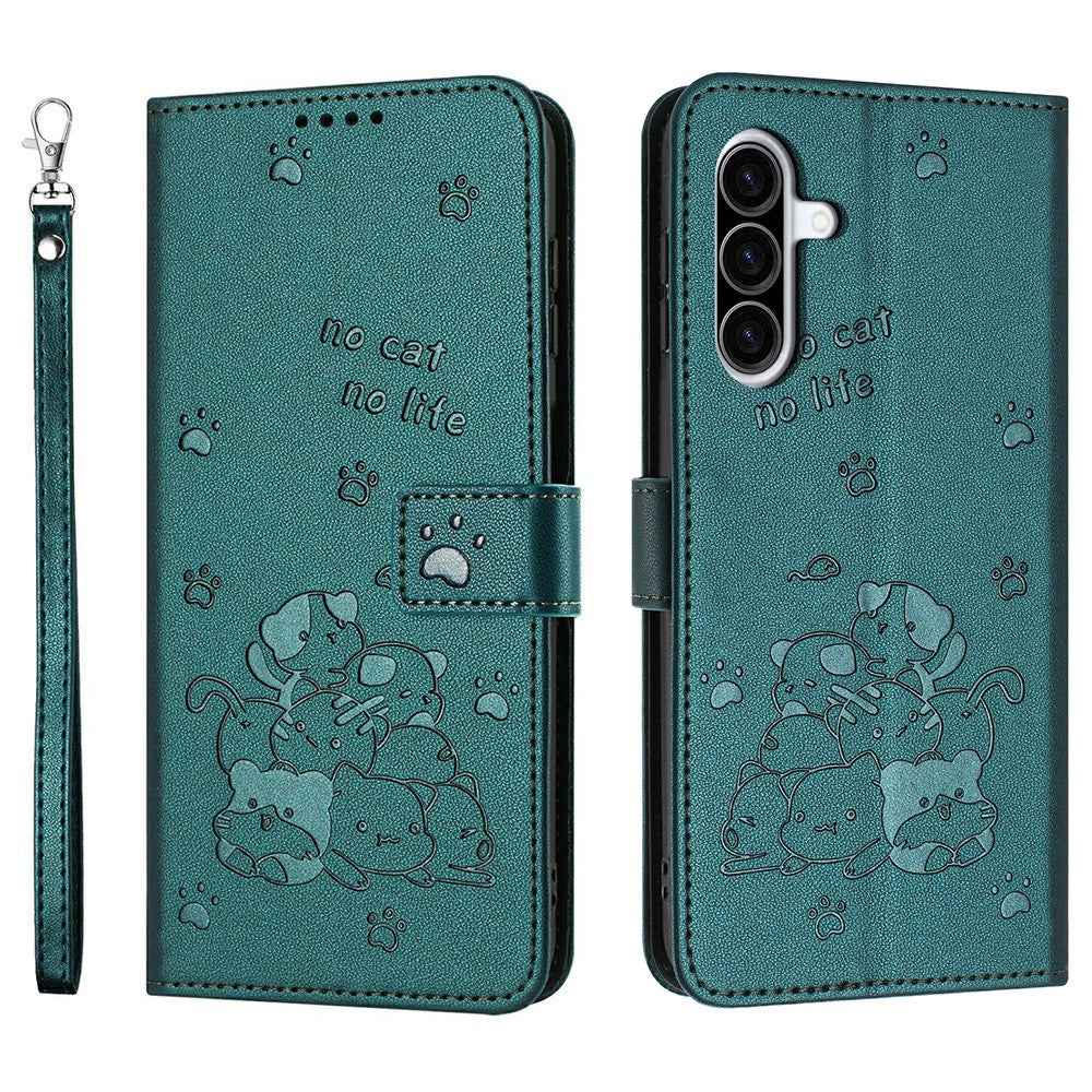 For Samsung Galaxy A57 5G Wallet Case Cats Imprint Leather Phone Cover with Strap - Blackish Green