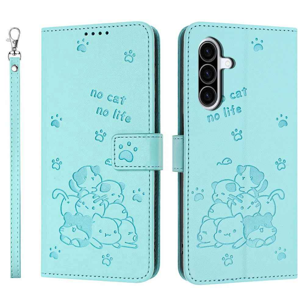 For Samsung Galaxy A57 5G Wallet Case Cats Imprint Leather Phone Cover with Strap - Green