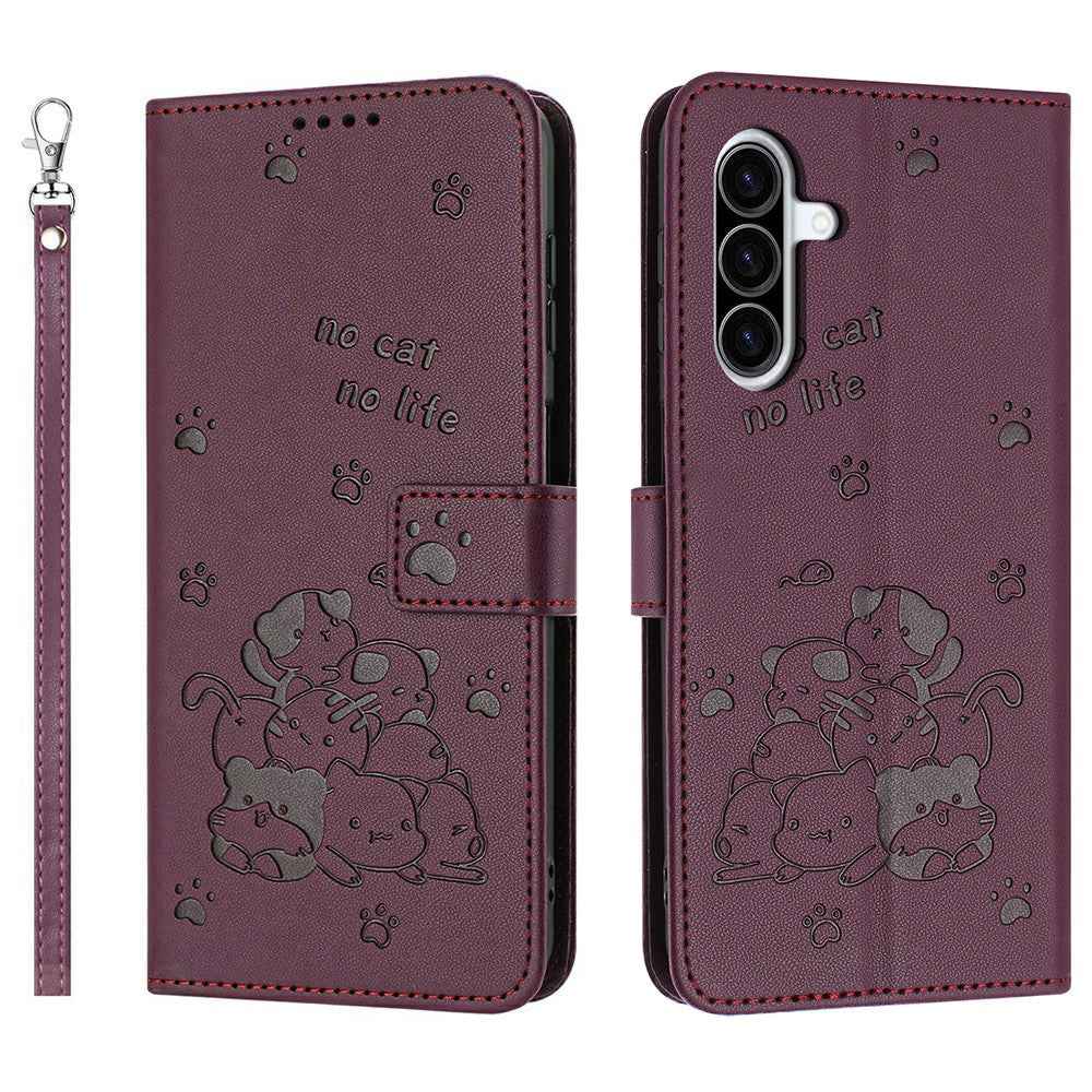 For Samsung Galaxy A57 5G Wallet Case Cats Imprint Leather Phone Cover with Strap - Wine Red