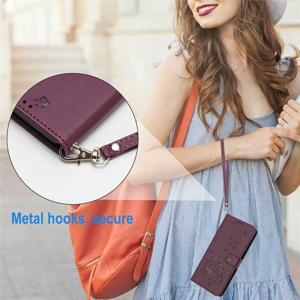For Samsung Galaxy A57 5G Wallet Case Cats Imprint Leather Phone Cover with Strap - Wine Red