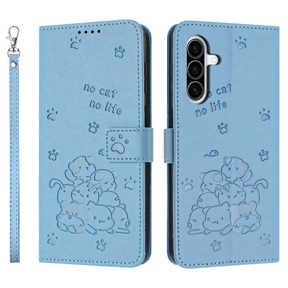 For Samsung Galaxy A57 5G Wallet Case Cats Imprint Leather Phone Cover with Strap - Blue