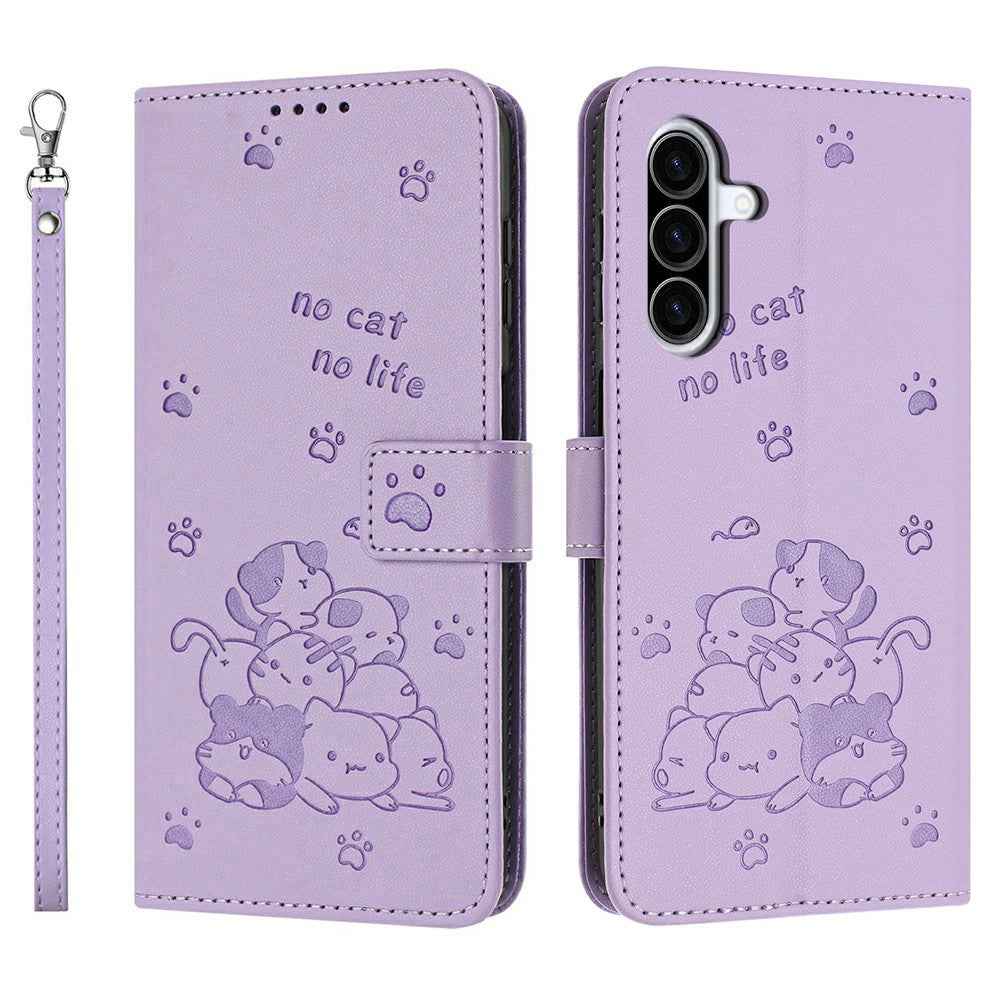 For Samsung Galaxy A57 5G Wallet Case Cats Imprint Leather Phone Cover with Strap - Purple