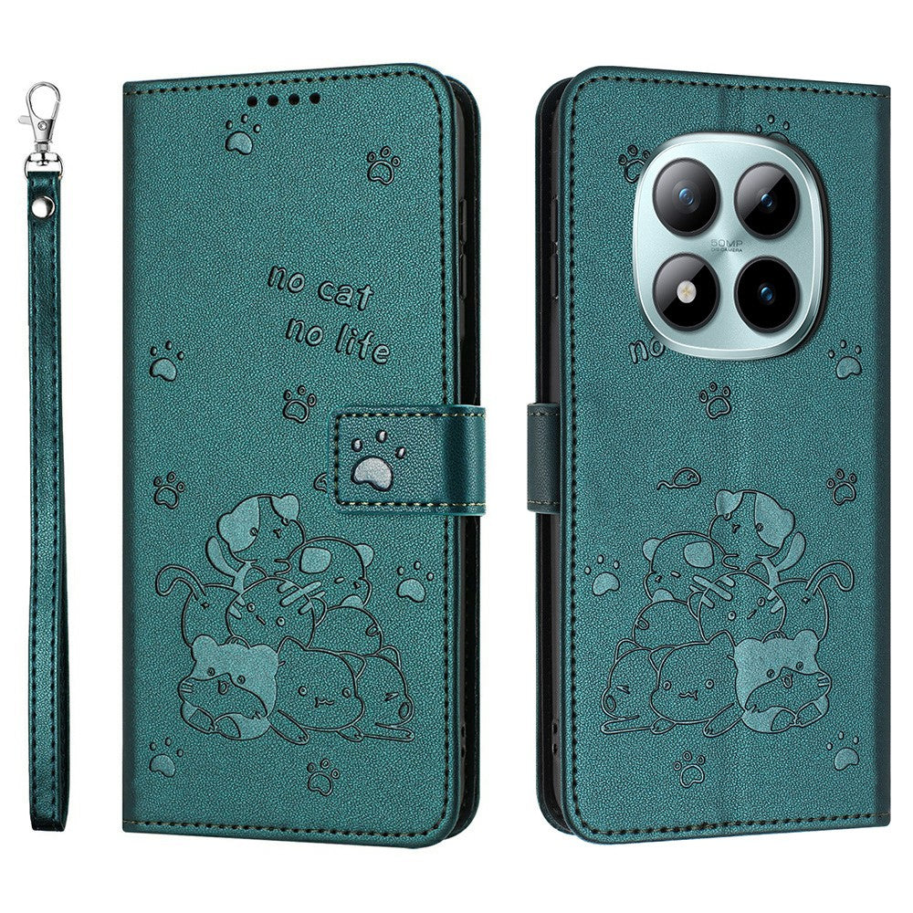 For Xiaomi Redmi Note 15 Pro 4G (Global) Wallet Case Cats Imprint Leather Phone Cover with Strap - Blackish Green