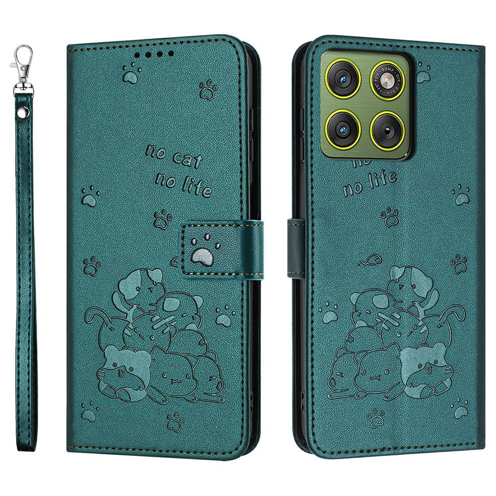 For Motorola Edge 70 5G Wallet Case Cats Imprint Leather Phone Cover with Strap - Blackish Green