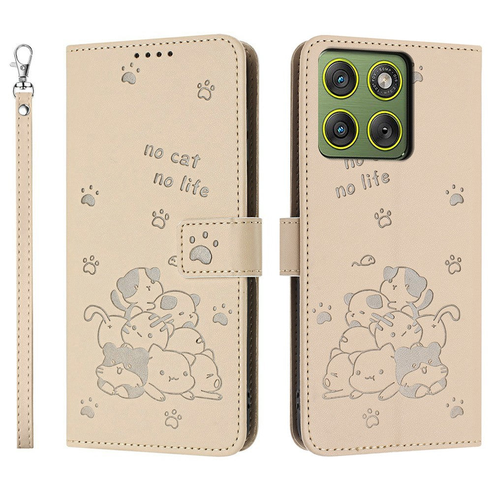 For Motorola Edge 70 5G Wallet Case Cats Imprint Leather Phone Cover with Strap - Beige