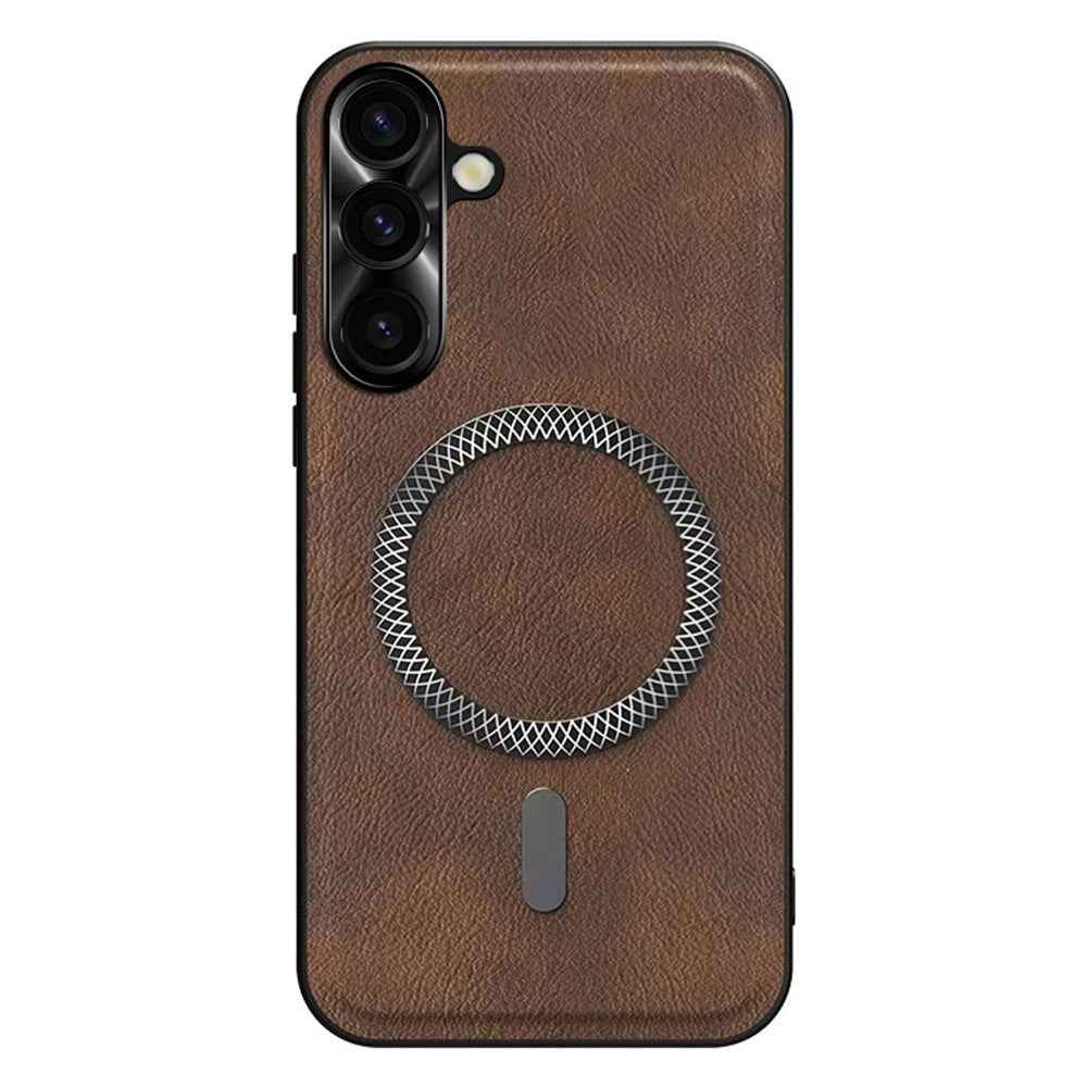 For Samsung Galaxy A57 5G Case PU TPU PC Phone Back Cover with Metal Lens Frame - Brown