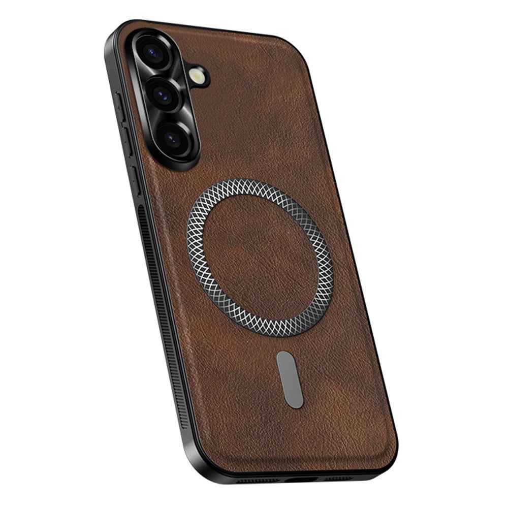 For Samsung Galaxy A57 5G Case PU TPU PC Phone Back Cover with Metal Lens Frame - Brown