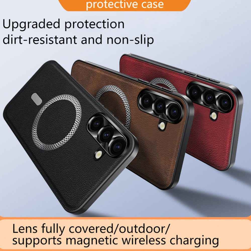 For Samsung Galaxy A57 5G Case PU TPU PC Phone Back Cover with Metal Lens Frame - Brown
