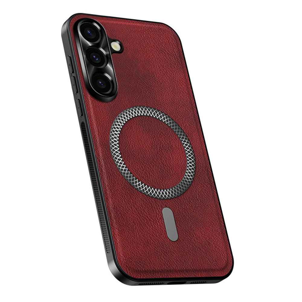 For Samsung Galaxy A57 5G Case PU TPU PC Phone Back Cover with Metal Lens Frame - Wine Red