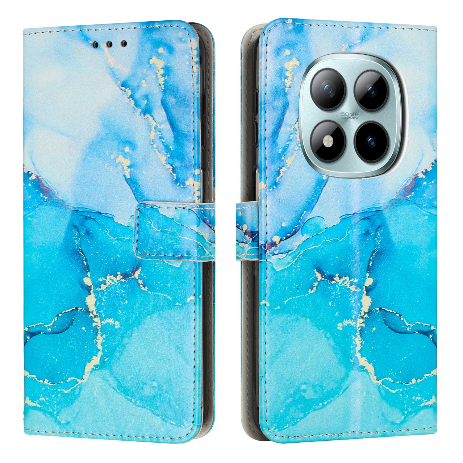 For Xiaomi Redmi Note 15 Pro 4G (Global) Stand Case Marble Pattern PU Leather Wallet Phone Cover - Blue / Green