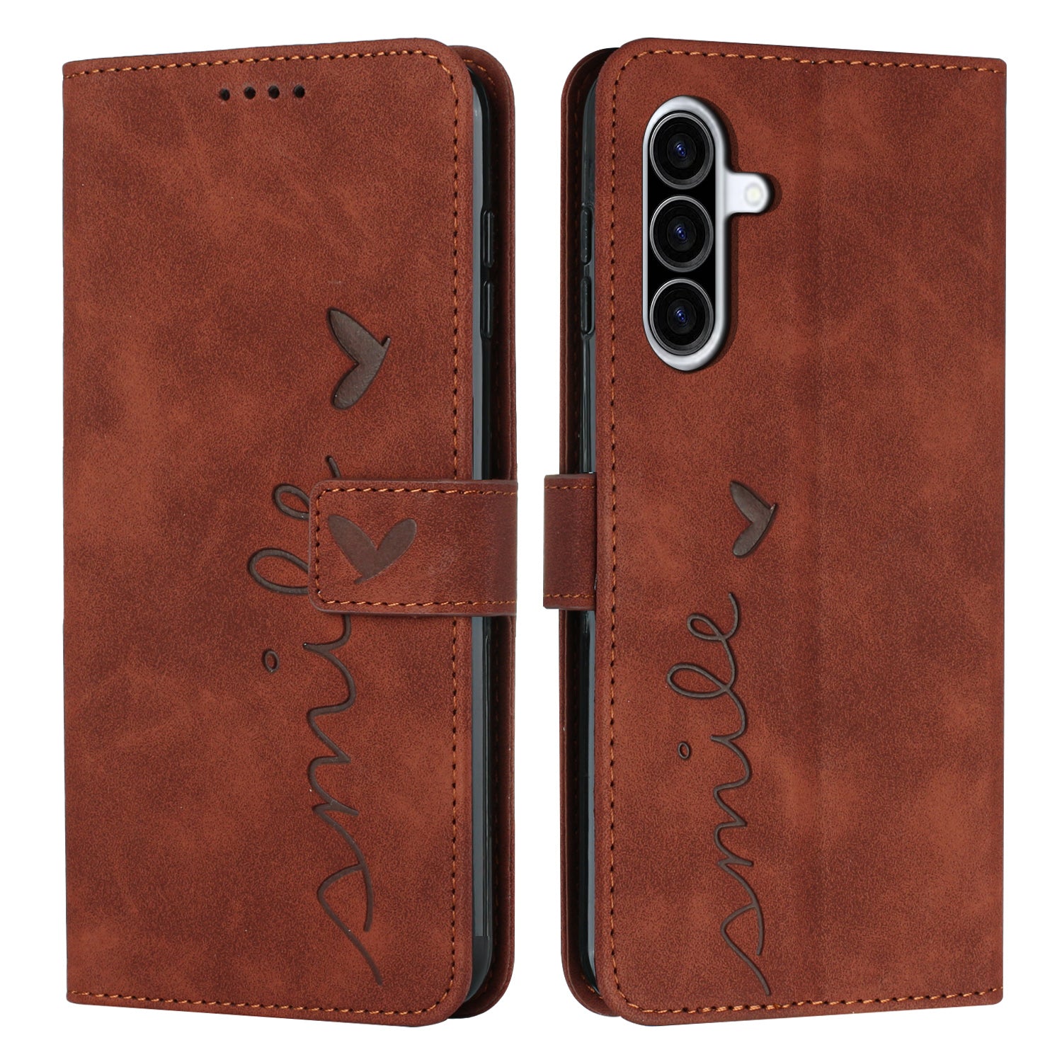 For Samsung Galaxy A57 5G Stand Case PU Leather Phone Cover Imprinted Heart Pattern - Brown