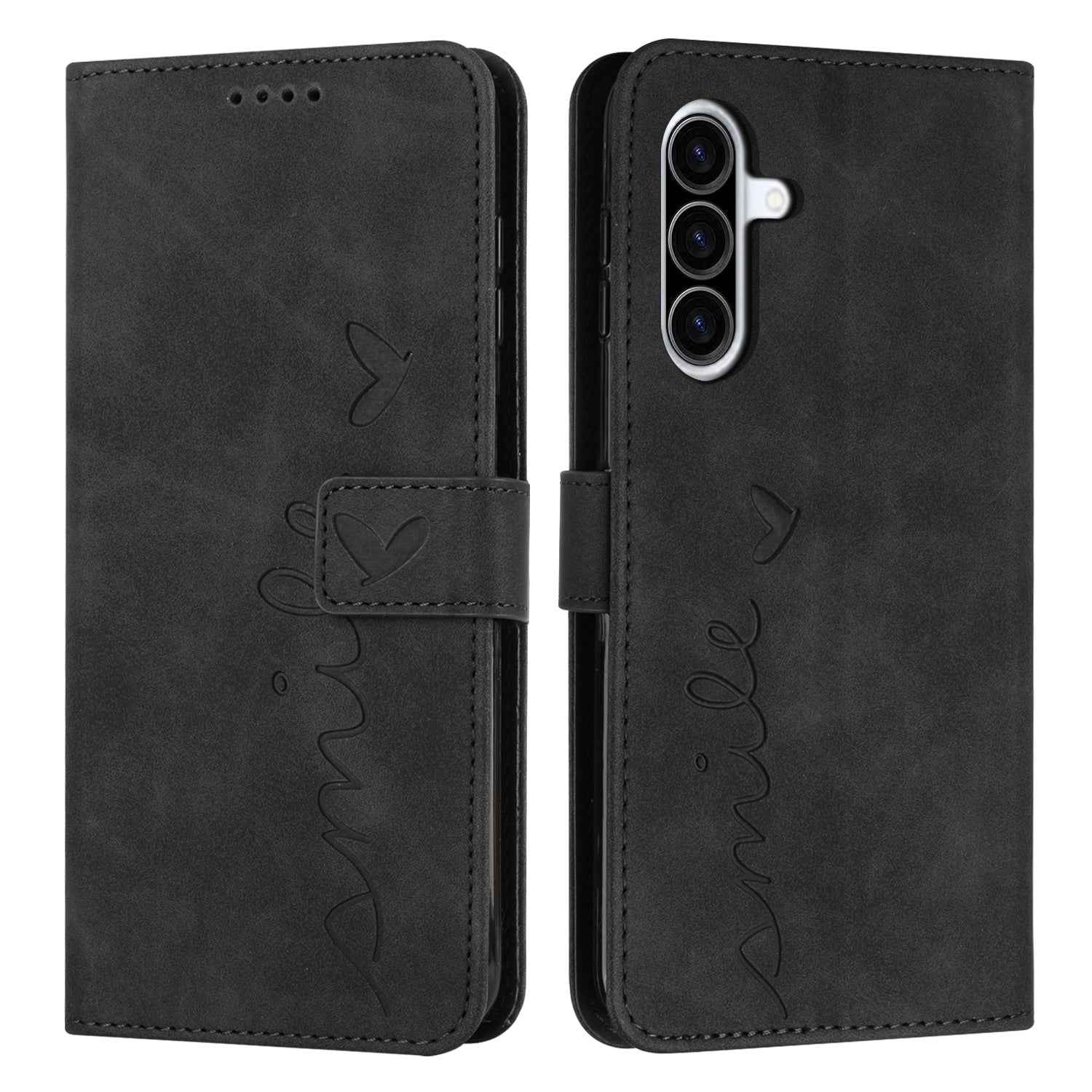For Samsung Galaxy A57 5G Stand Case PU Leather Phone Cover Imprinted Heart Pattern - Black
