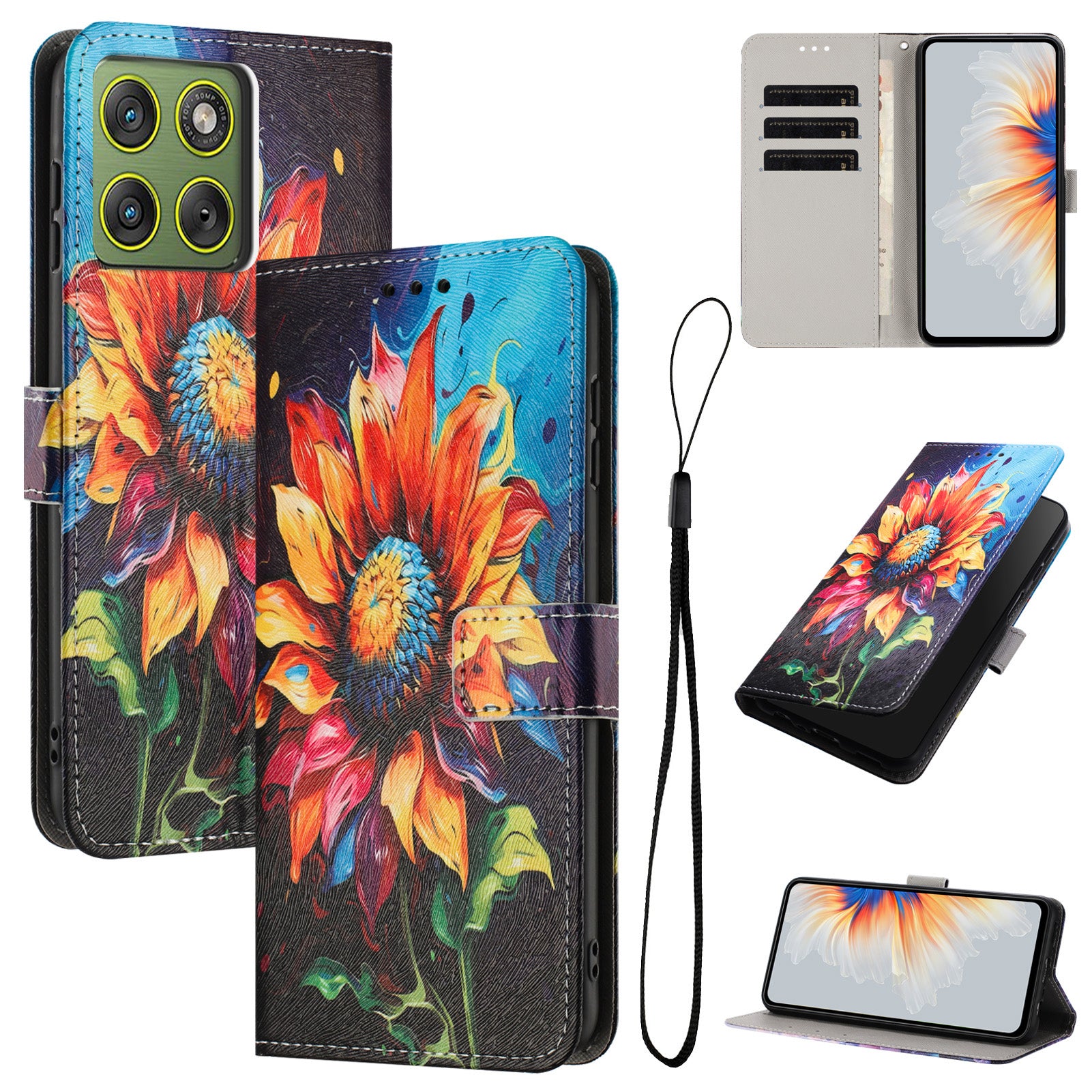 For Motorola Edge 70 5G Wallet Case Pattern Printing PU Leather Phone Cover with Lanyard - Sunflower
