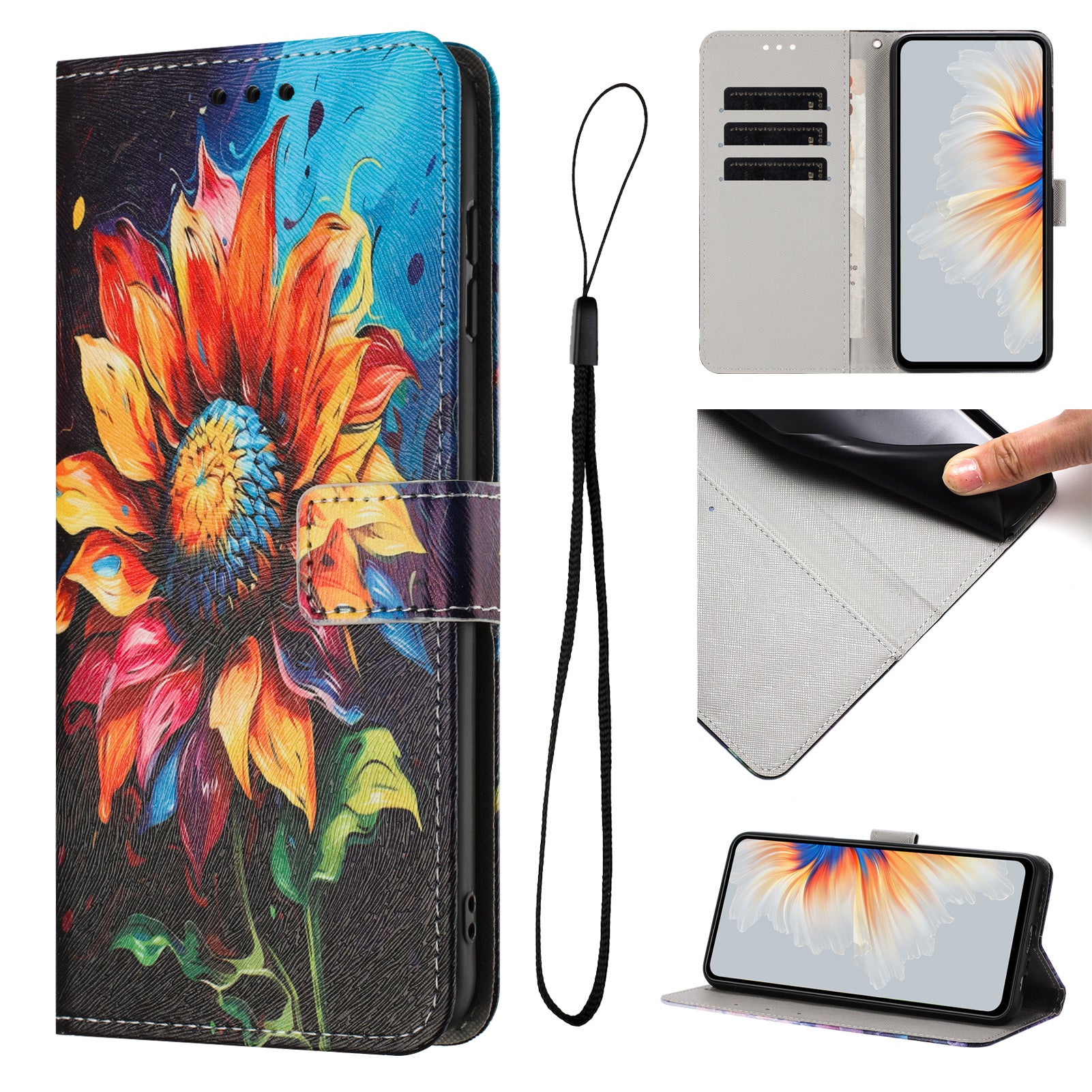 For Motorola Edge 70 5G Wallet Case Pattern Printing PU Leather Phone Cover with Lanyard - Sunflower