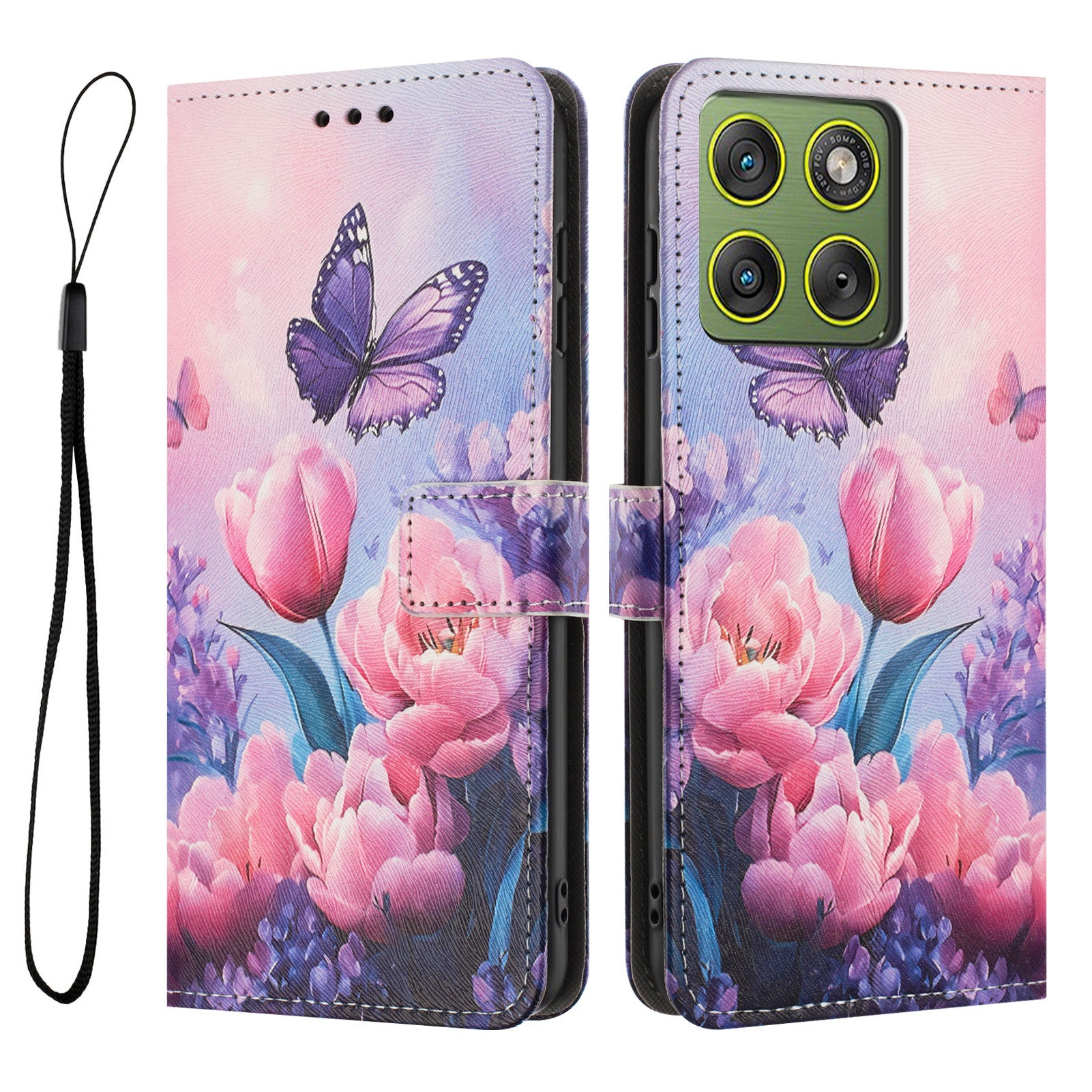 For Motorola Edge 70 5G Wallet Case Pattern Printing PU Leather Phone Cover with Lanyard - Pink Flower Butterfly