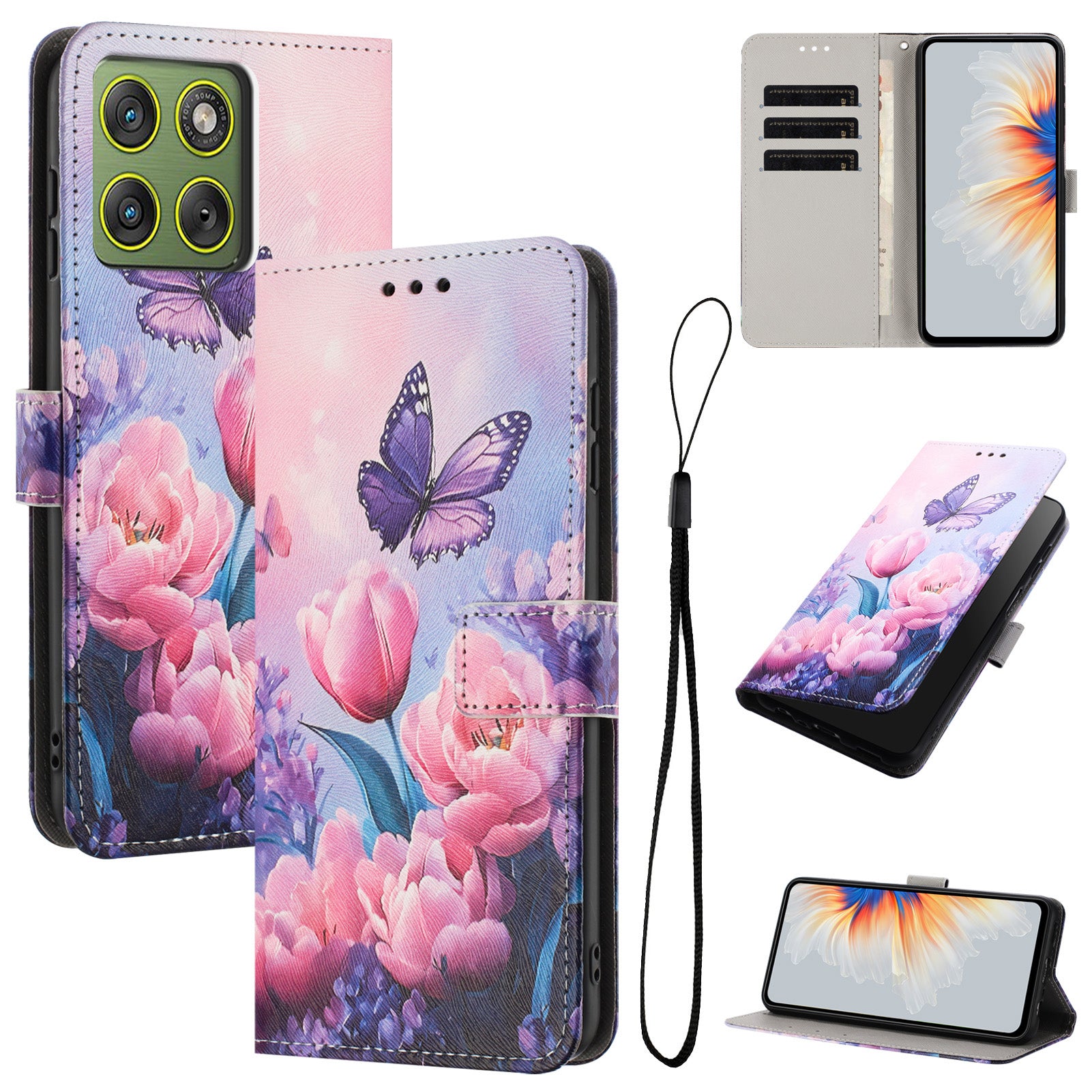 For Motorola Edge 70 5G Wallet Case Pattern Printing PU Leather Phone Cover with Lanyard - Pink Flower Butterfly