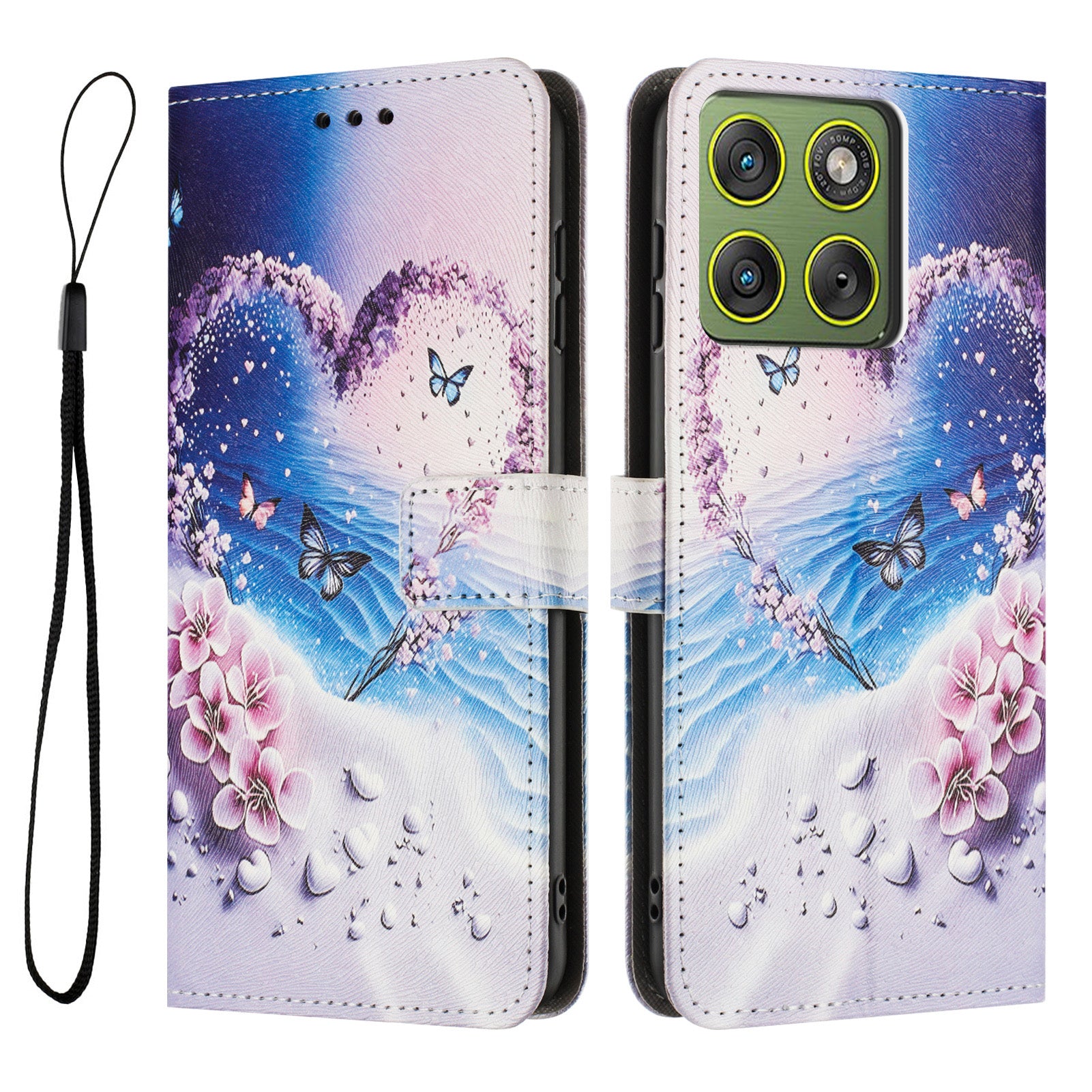 For Motorola Edge 70 5G Wallet Case Pattern Printing PU Leather Phone Cover with Lanyard - Heart Butterfly
