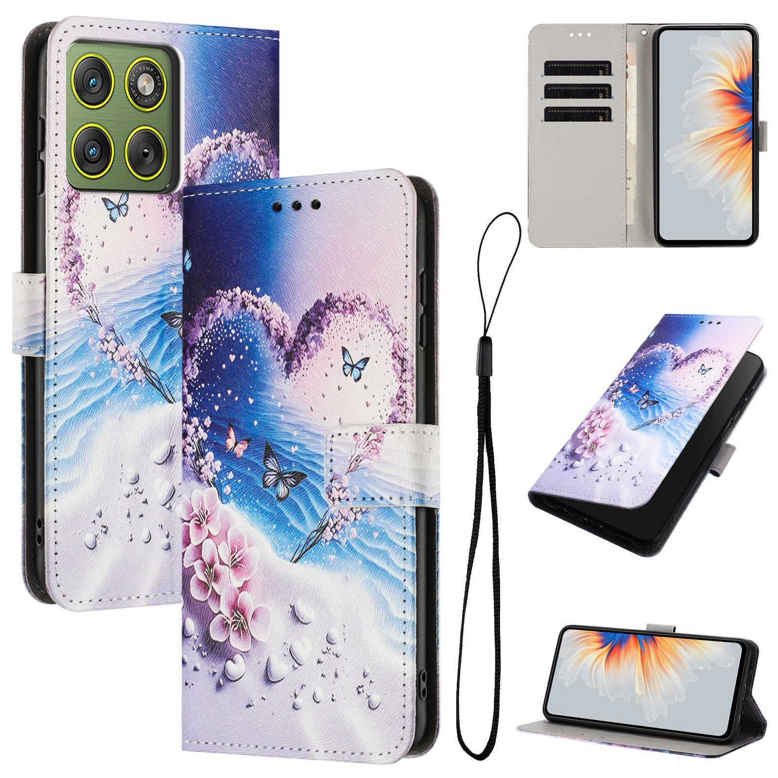 For Motorola Edge 70 5G Wallet Case Pattern Printing PU Leather Phone Cover with Lanyard - Heart Butterfly