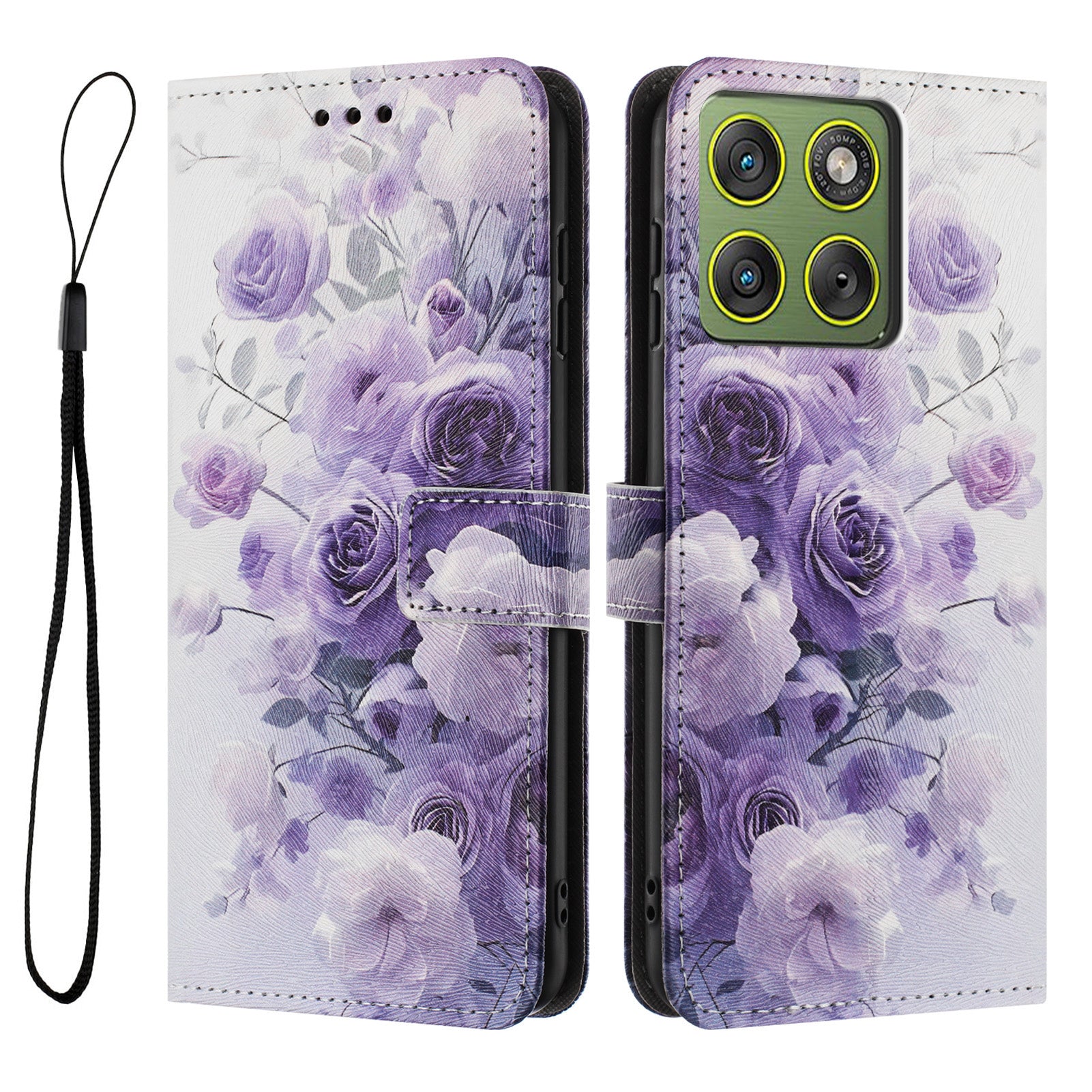 For Motorola Edge 70 5G Wallet Case Pattern Printing PU Leather Phone Cover with Lanyard - Purple Rose